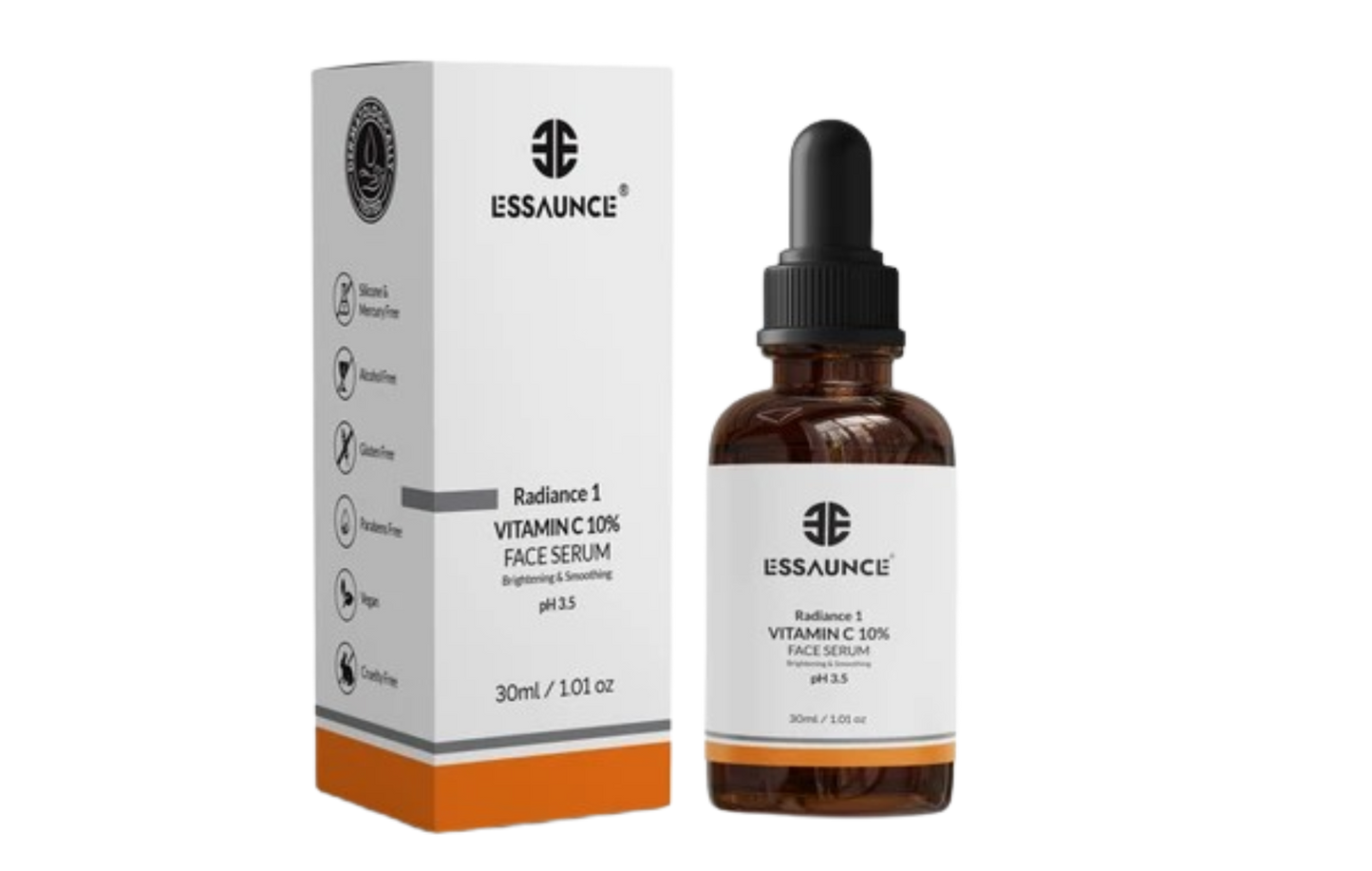 ESSAUNCE Radiance 1 Vitamin C 10% Face Serum bottle and box - 30ml Brightening and Smoothing Serum.