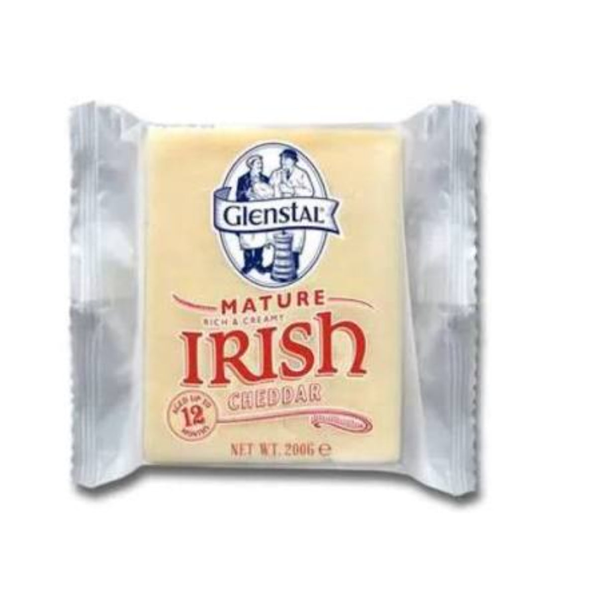 Glenstal Mature Creamy Irish Cheddar cheese, 200g pack, in clear packaging