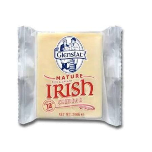 Glenstal Mature Creamy Irish Cheddar cheese, 200g pack, in clear packaging