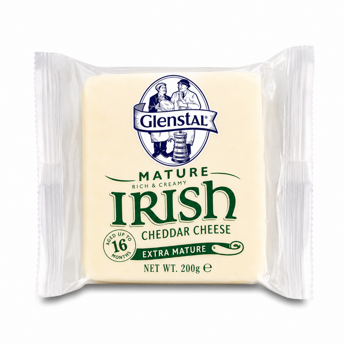 Glenstal Irish Cheddar Cheese white 200g Extra Mature in clear packaging