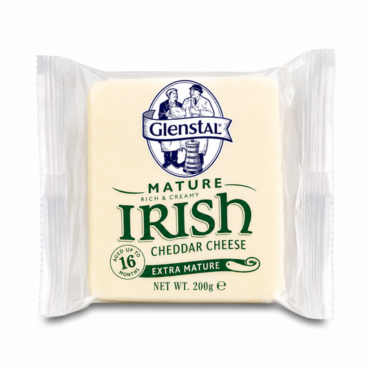 Glenstal Irish Cheddar Cheese white 200g Extra Mature in clear packaging