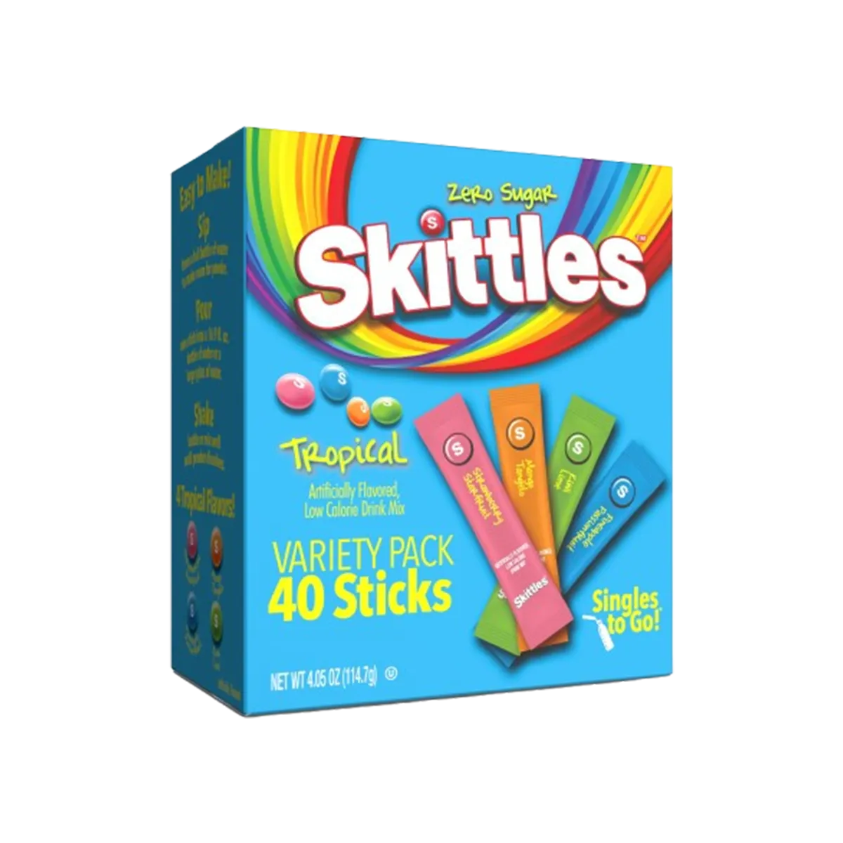 Skittles Singles To Go Tropical Flavors Variety Pack, Powdered Drink Mix, Includes 4 Flavors, Strawberry Starfruit, Mango Tangelo, Kiwi Lime, Pineapple Passionfruit, 40 Count